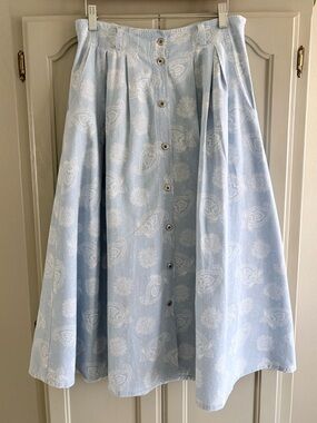 CHAUS SPORT Vintage Light Blue Paisley Cotton Button-Front Midi Skirt | Large